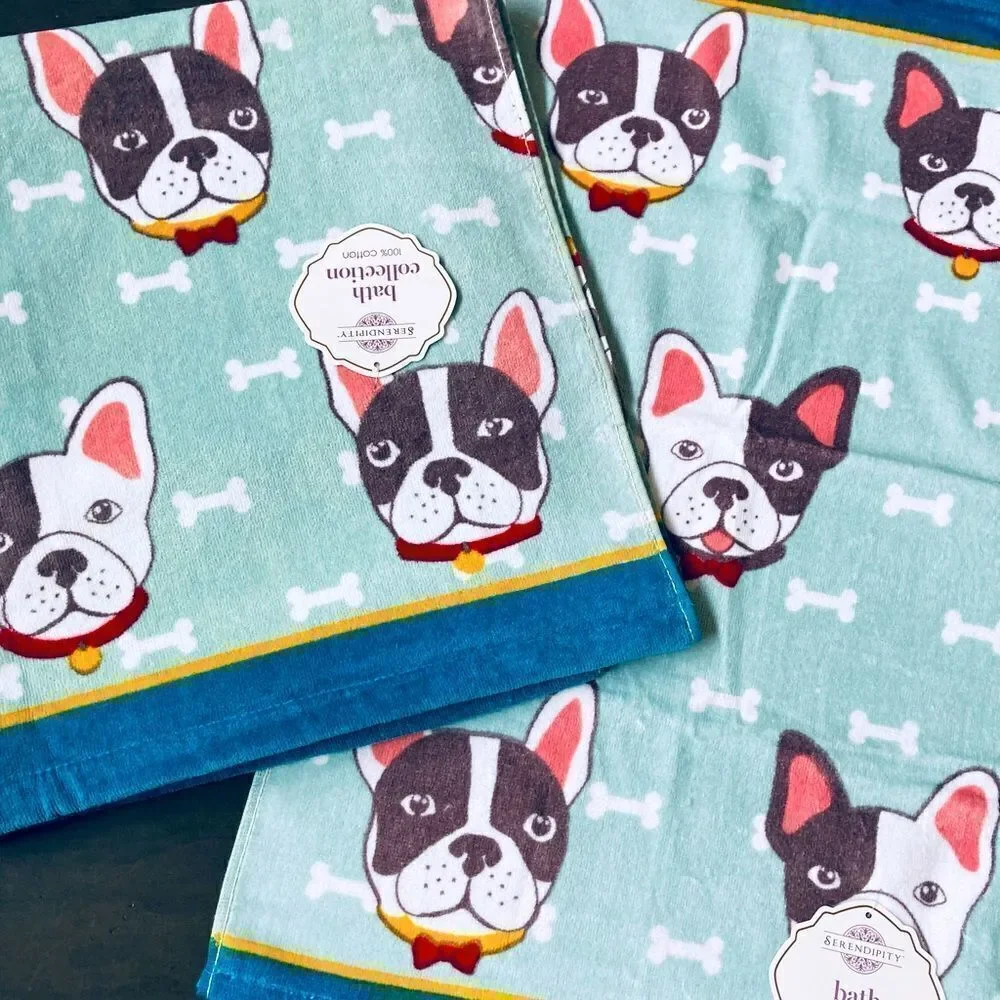 Boston Terrier Frenchie Dog Bone Print Bath Towels Set